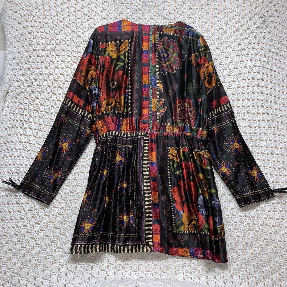 Farm‎ Rio Mini Wrap Dress Women L Black Floral Mixed Arabesque Scarves Long Slv - Picture 4 of 16